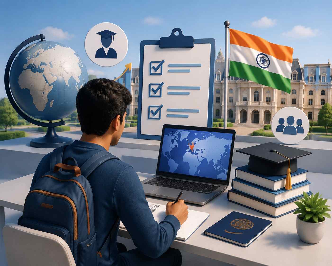 ESCP Europe MiM GMAT requirements for Indian students illustrated with an international student, Indian flag, university campus, application checklist, laptop, globe, graduation cap and study abroad symbols.